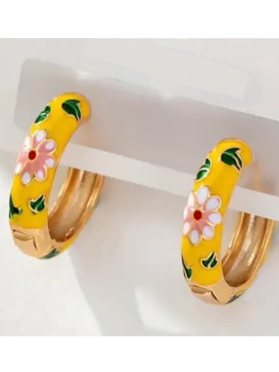 Jewelry - Pink & White Flower Yellow Enamel Gold Toned Hoop Earrings